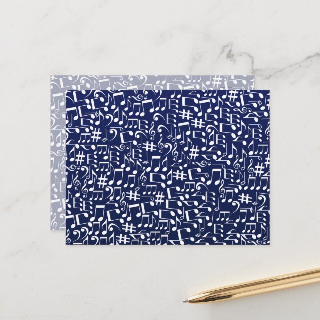 Carte Postale Bleu Nuit Bleu de Cobalt Blanc Notes de Musique Da (Devant/Arrière en situation)