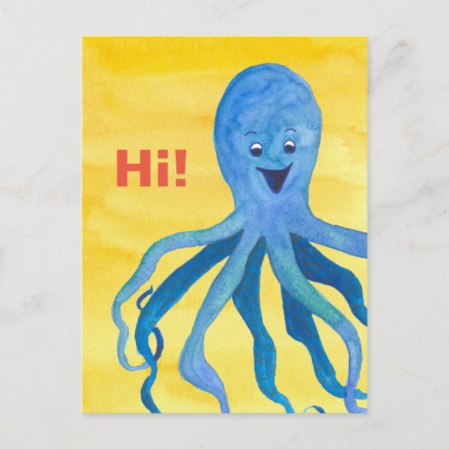 Carte Postale Bleu Octopus Jaune Bonjour (Devant)