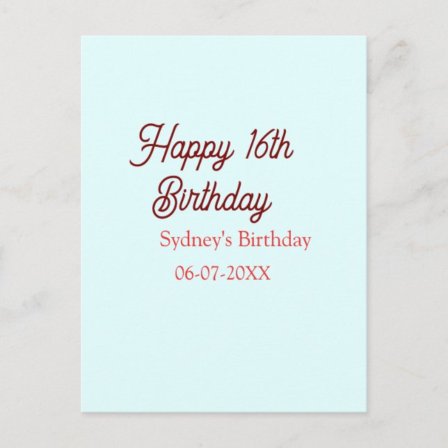 Carte Postale Bleu pastel rouge joyeux 16e anniversaire nom date (Devant)