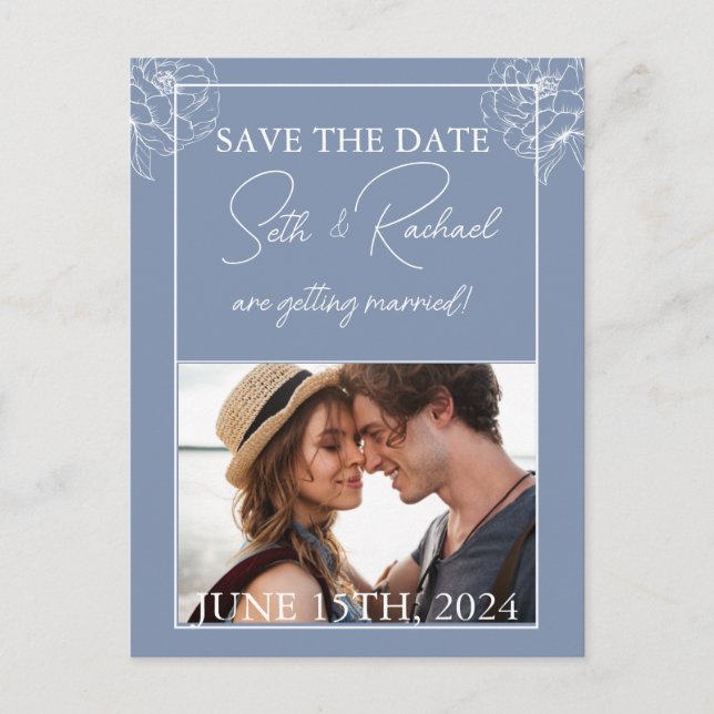 Carte Postale Bleu poussiéreux avec design floral blanc (Devant)