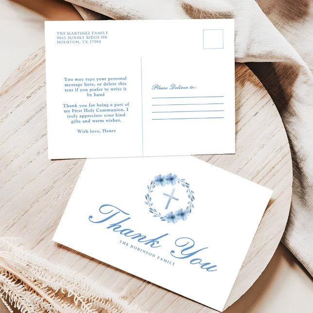 Carte Postale Bleu poussiéreux floral Cross Christian Merci (Créateur téléchargé)