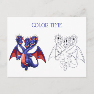 Carte Postale Bleu rouge Trois en tête Dragon activité de colori