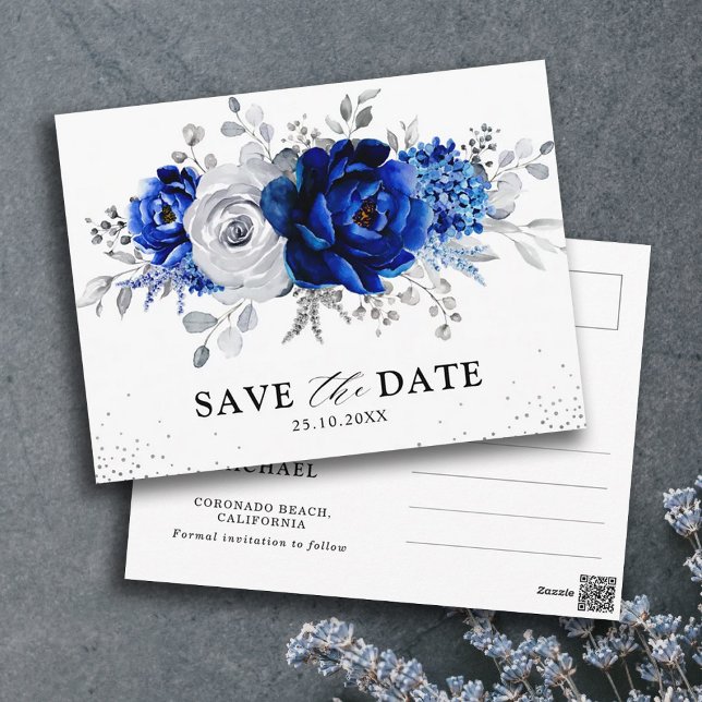 Carte Postale Bleu Royal Blanc Argent Floral Enregistrer la Date (Créateur téléchargé)