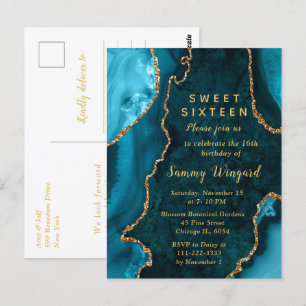 Carte Postale Bleu sarcelle et agate dorée Marbre Sweet Sixteen