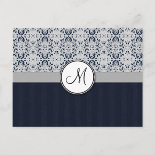 Carte Postale Bleu sur Argent Damask avec Navy Stripes et Monogr