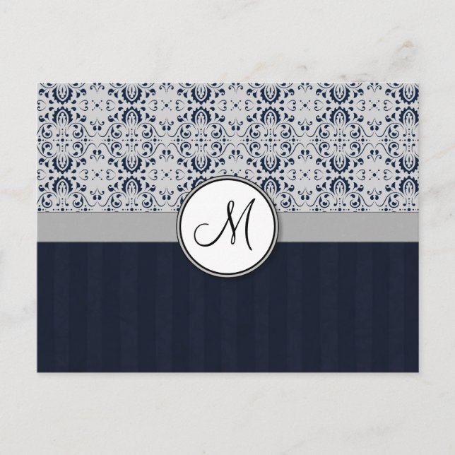 Carte Postale Bleu sur Argent Damask avec Navy Stripes et Monogr (Devant)