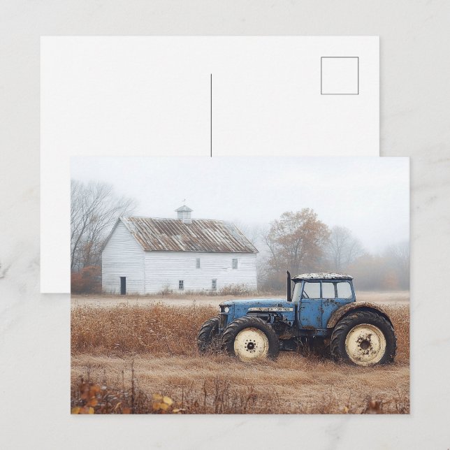 Carte Postale Bleu Tracteur Grange et champ (Devant / Derrière)