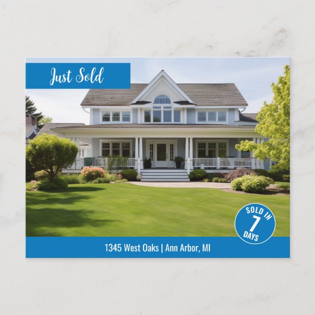 Carte Postale Bleu Vendu Immobilier Logo Marketing (Devant)