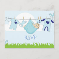 Carte postale Bleu Vert Baby shower Garçon RSVP