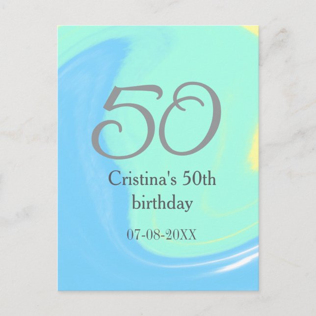 Carte Postale Bleu vert gris 50e anniversaire ajouter nom date r (Devant)
