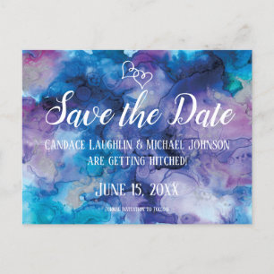 Carte Postale Bleu violet aquarelle mariage Enregistrer la date