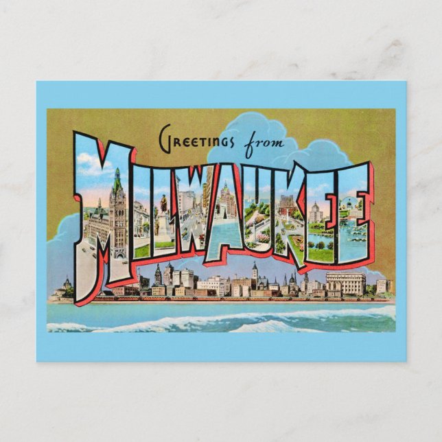 Carte postale bleue de bienvenue à Milwaukee vinta (Devant)