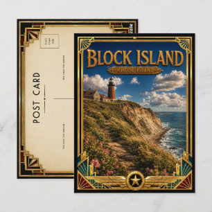 Carte Postale Block Island Rhode Island Art Déco Doré Vintage