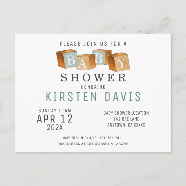 Carte Postale Blocs de bébé en bois rustique Baby shower de garç (Devant)