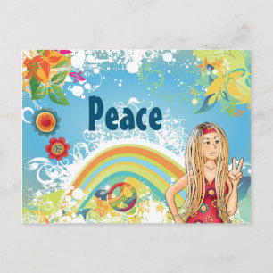 Carte Postale Blond Hippie Girl, Fleurs et Rainbow Peace