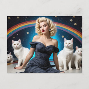 Carte Postale Blond Woman White Cats Rainbow
