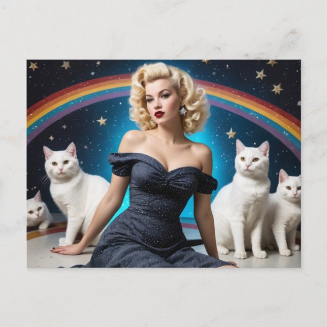 Carte Postale Blond Woman White Cats Rainbow (Devant)