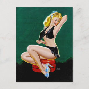 Carte Postale Blonde en Bleu Chaussons Pin Up