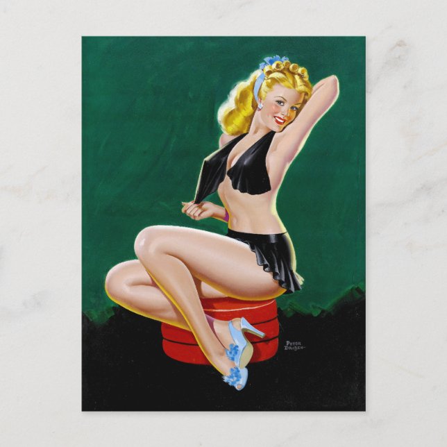 Carte Postale Blonde en Bleu Chaussons Pin Up (Devant)