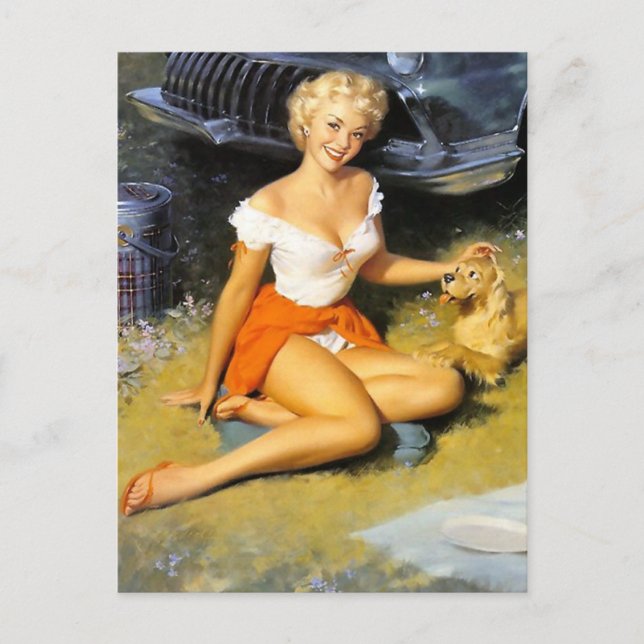 Carte Postale Blonde et le chiot vers le haut (Devant)