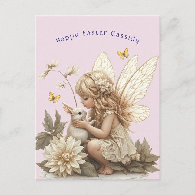 Carte Postale Blonde mignonne Fée Lapin de Pâques Papillons lapi (Devant)
