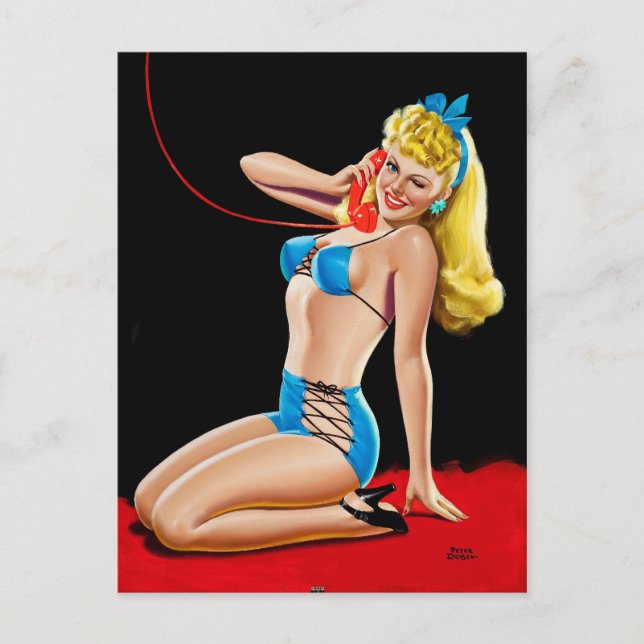 Carte Postale Blonde sur la broche téléphonique (Devant)