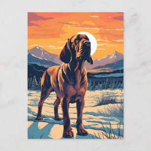 Carte Postale Bloodhound forêt de montagne d'hiver au coucher du