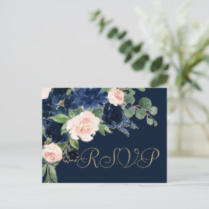 Carte Postale Blooms Chics   Repas de cadre bleu marine et rose 