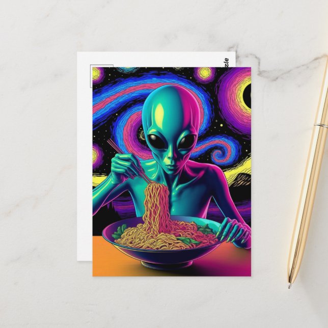 Carte Postale Blue Alien Eating Noodles  (Devant/Arrière en situation)