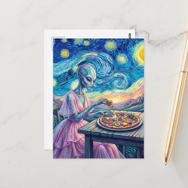 Carte Postale Blue Alien in Pink Dress Eats Pizza Faux Van Gogh (Devant/Arrière en situation)