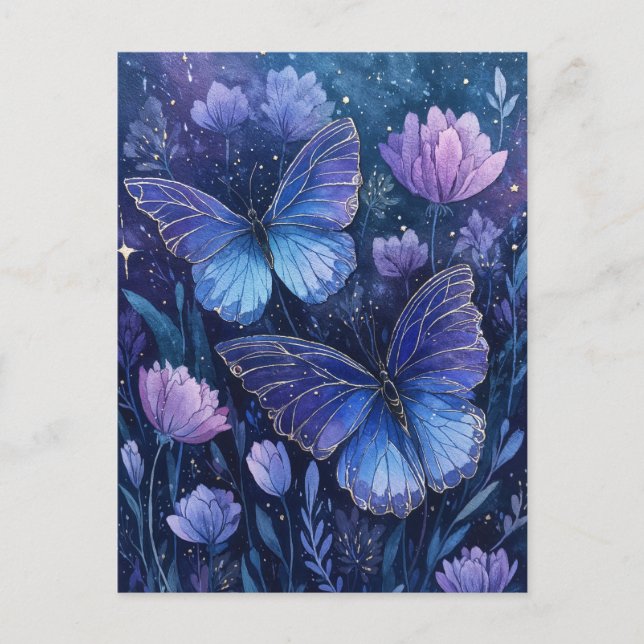 Carte Postale Blue and Purple Butterfly in Starry Floral Garden (Devant)