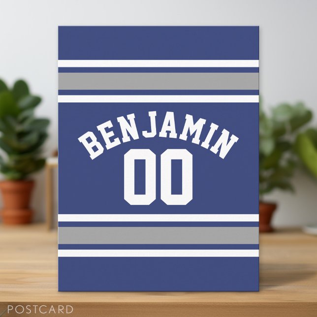 Carte Postale Blue and Silver Sports Jersey Nom personnalisé Num (Custom Postcard)
