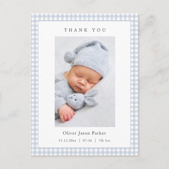 Carte Postale Blue and white Gingham Baby Boy Birth Announcement (Devant)