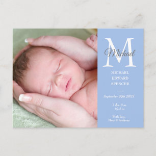 Carte Postale Blue Baby Boy Initial Monogramme Photo Merci