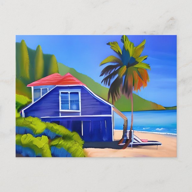 Carte Postale Blue Beach House et Palm Tree | Maintenir le conta (Devant)