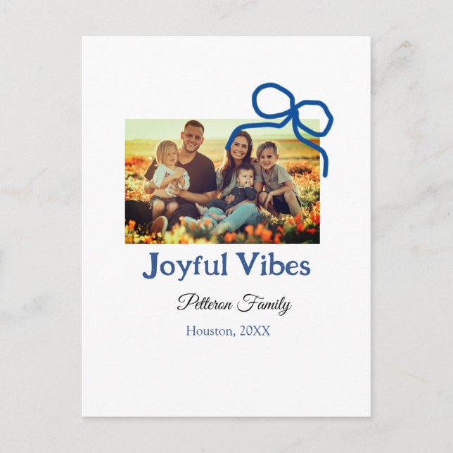 Carte Postale Blue bow joyful Vibes ajouter nom de famille photo (Devant)
