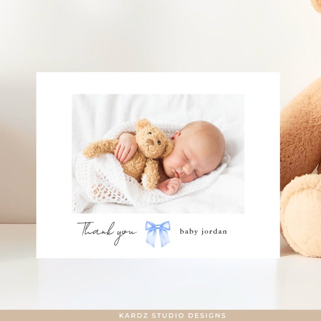 Carte Postale Blue Bow Photo Baby shower moderne Merci (Front of Postcard shown, add your baby's name and picture. Personalize the message on the back.)