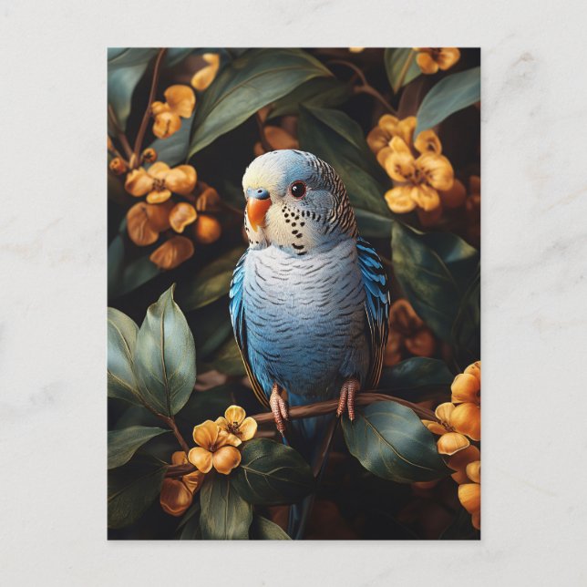 Carte Postale Blue Budgie Budgerigar Fleurs Jaunes (Devant)