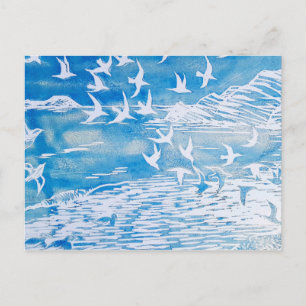 Carte Postale Blue Coast Birds Moderne Aquarelle Art