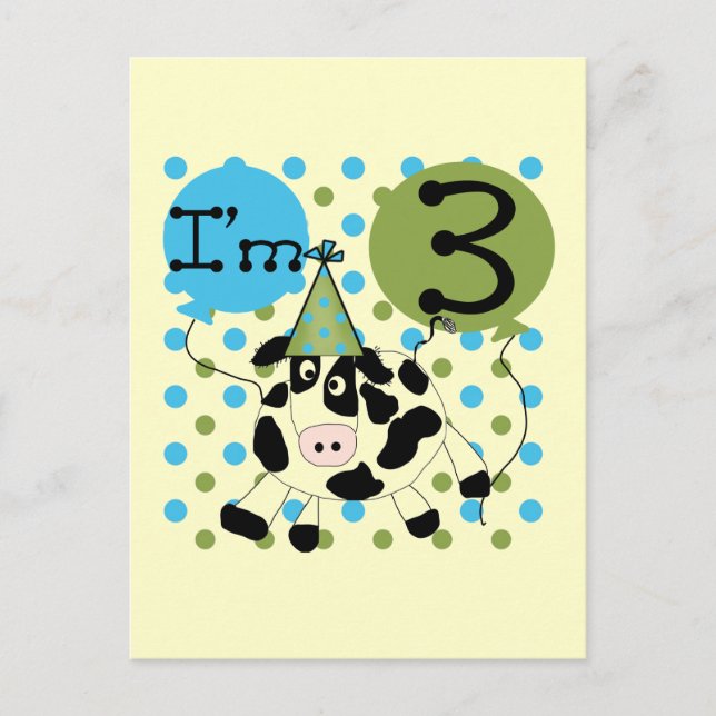 Carte Postale Blue Cow 3e Anniversaire Tshirts et cadeaux (Devant)
