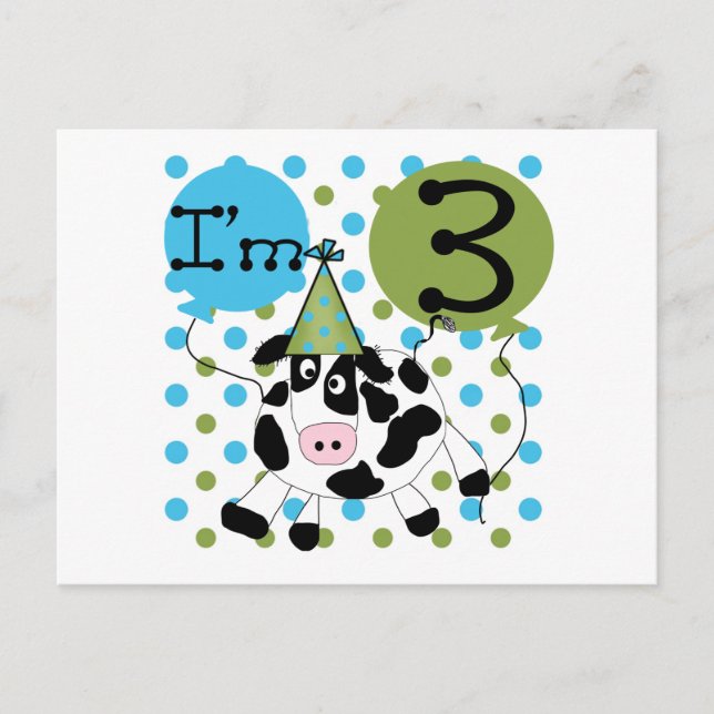 Carte Postale Blue Cow 3e Anniversaire Tshirts et cadeaux (Devant)