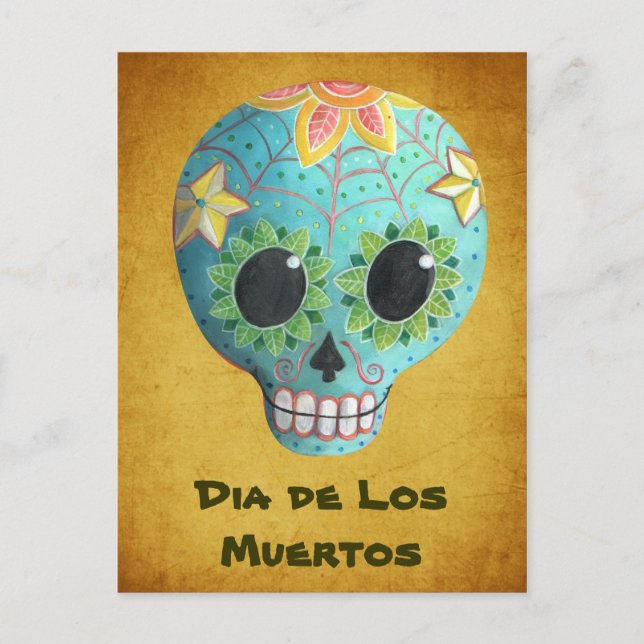 Carte Postale Blue Dia de Los Muertos Art Sugar Crâne (Devant)
