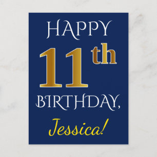 Carte Postale Blue, Faux Gold 11e anniversaire + Nom personnalis