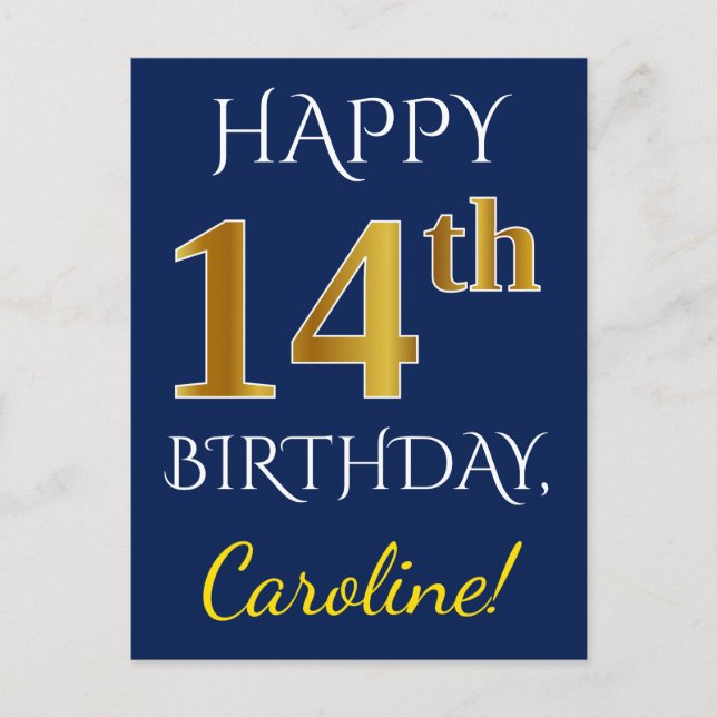 Carte Postale Blue, Faux Gold 14e anniversaire + Nom personnalis (Devant)