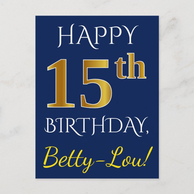 Carte Postale Blue, Faux Gold 15e anniversaire + Nom personnalis (Devant)