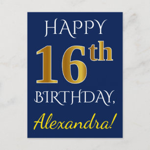 Carte Postale Blue, Faux Gold 16e anniversaire + Nom personnalis