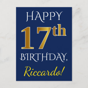 Carte Postale Blue, Faux Gold 17e anniversaire + Nom personnalis