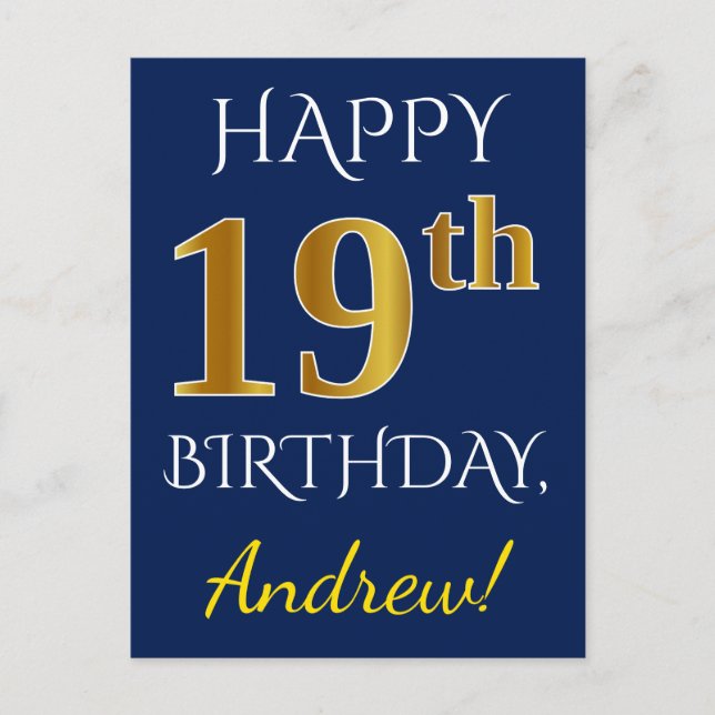 Carte Postale Blue, Faux Gold 19e anniversaire + Nom personnalis (Devant)