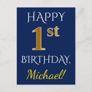 Carte Postale Blue, Faux Gold 1er anniversaire + Nom personnalis
