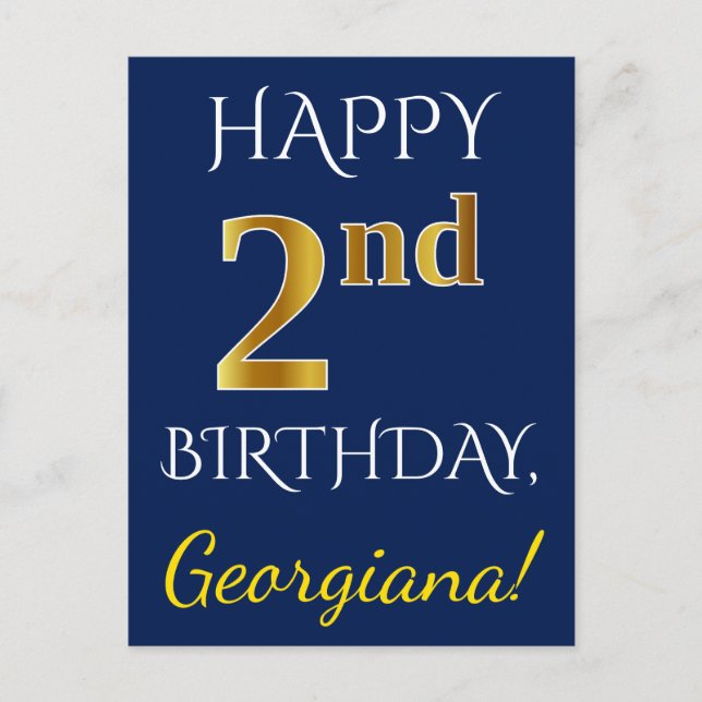 Carte Postale Blue, Faux Gold 2e anniversaire + Nom personnalisé (Devant)